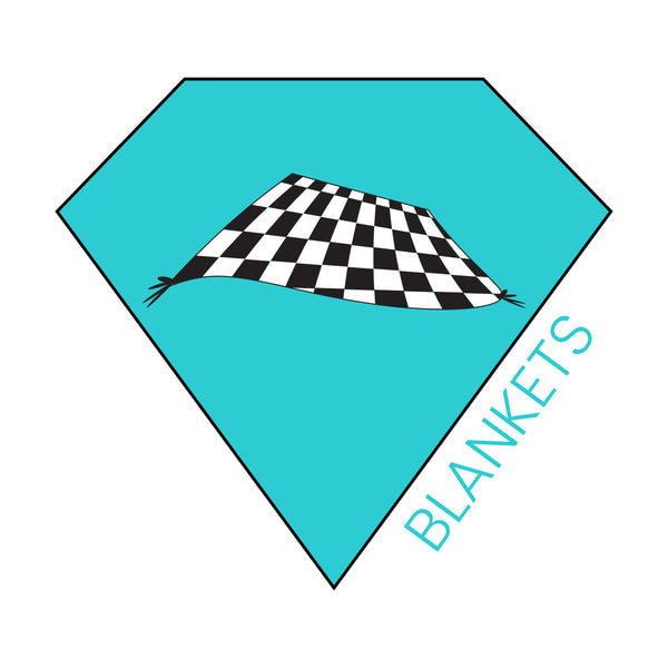 Blue diamond graphic with checkered blanket graphic inside. Links to Blankets collection.