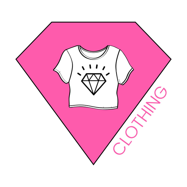 Pink diamond graphic with T-Shirt graphic inside. Links to Clothing collection.